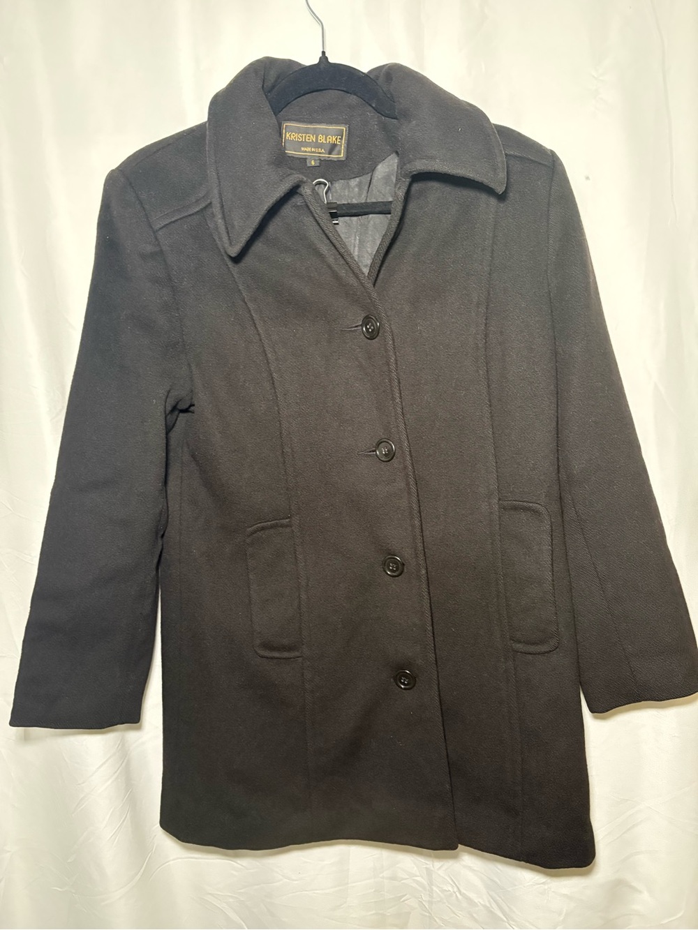 Kristen Blake Women's Size 6 Black 100% Wool Coat with Collar and Button Closure